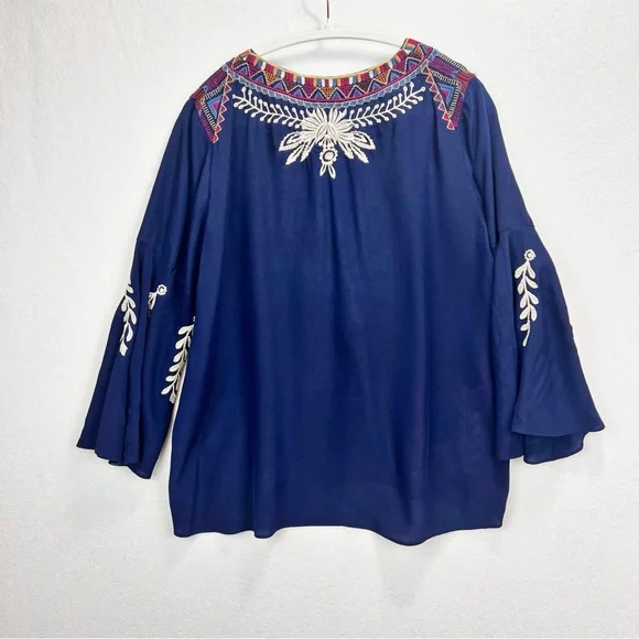 Johnny Was Workshop Silk Top Tunic Embroidered V-Neck Navy Blue Boho Size S - Picture 5 of 9